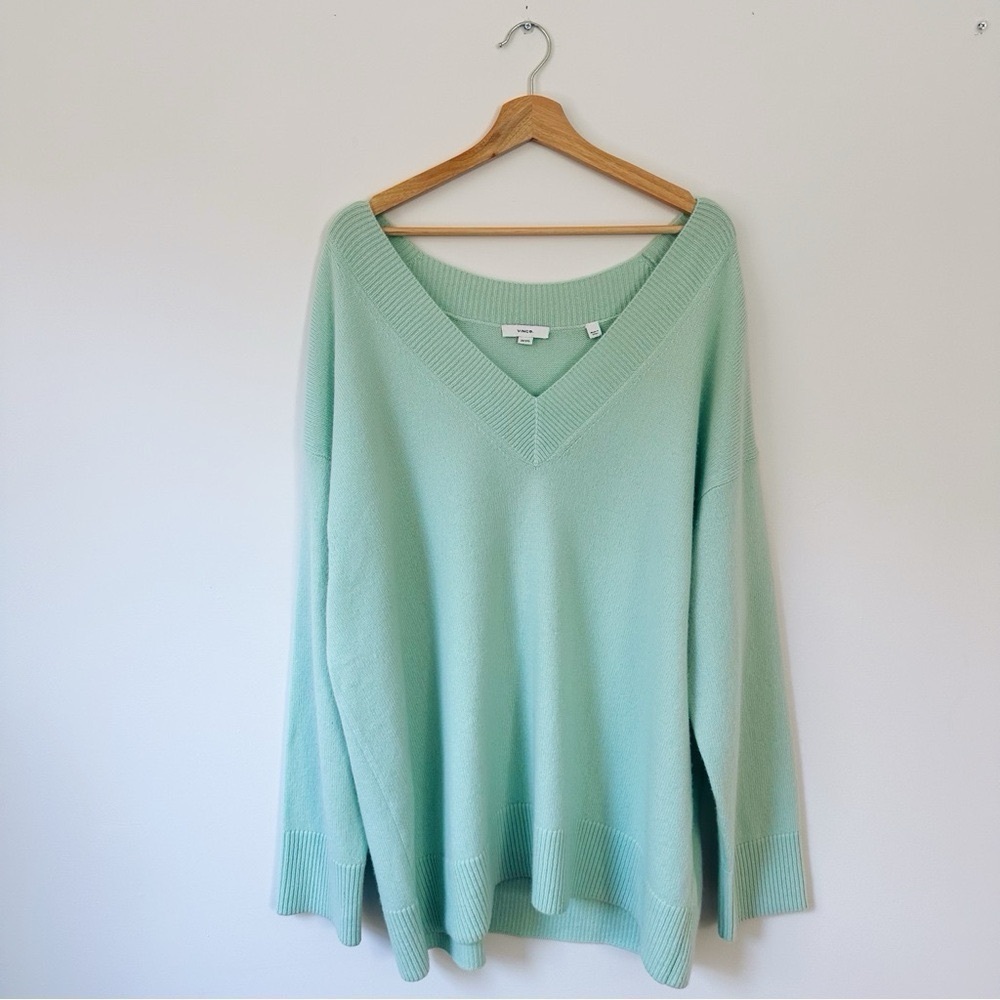 Vince Plus 3X Women’s Sweater Fluorite Green Wool Cashmere V Neck Pullover $465